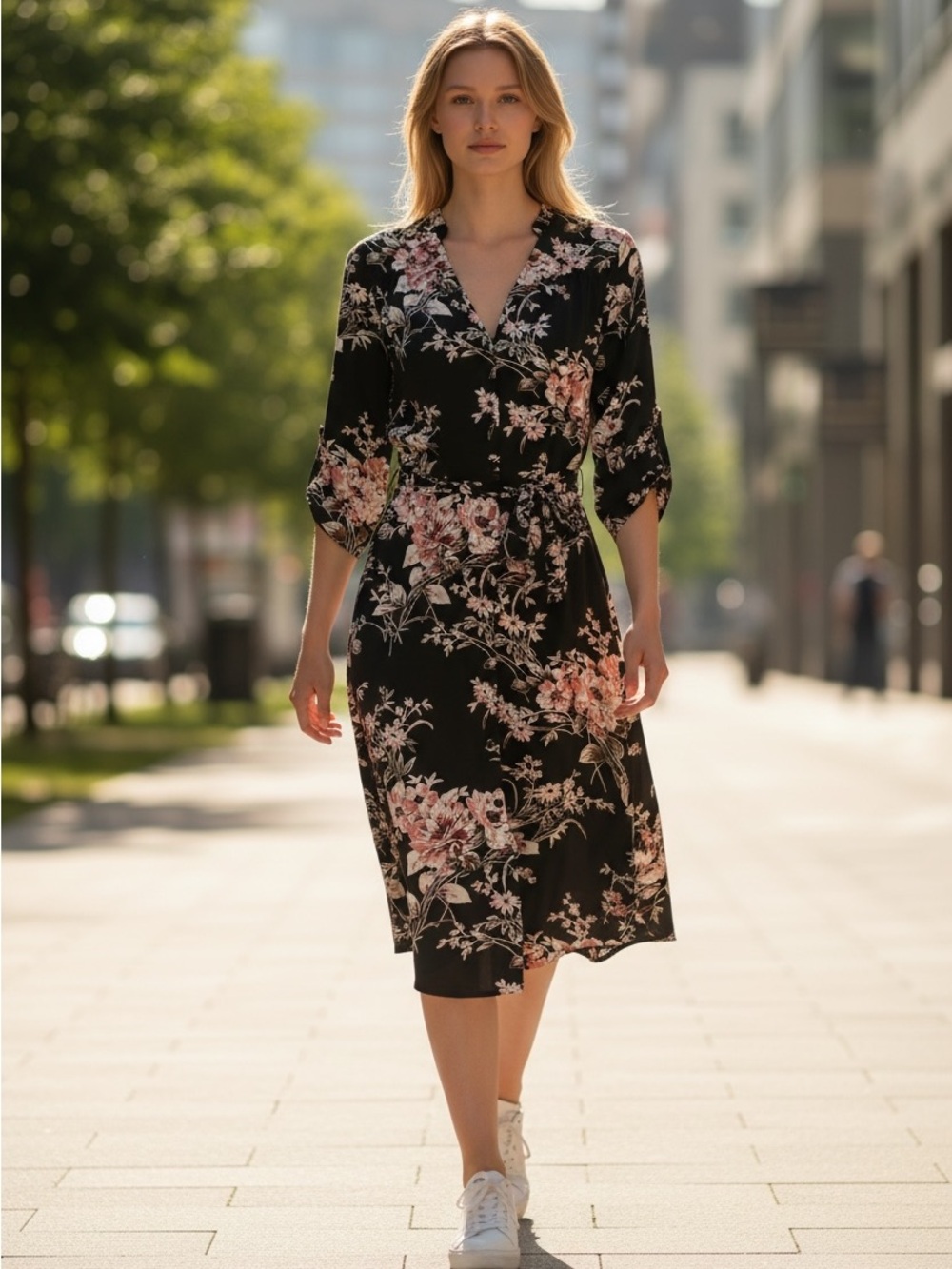 41 Hawthorn Black Floral Midi Button Dress with Pink Blooms